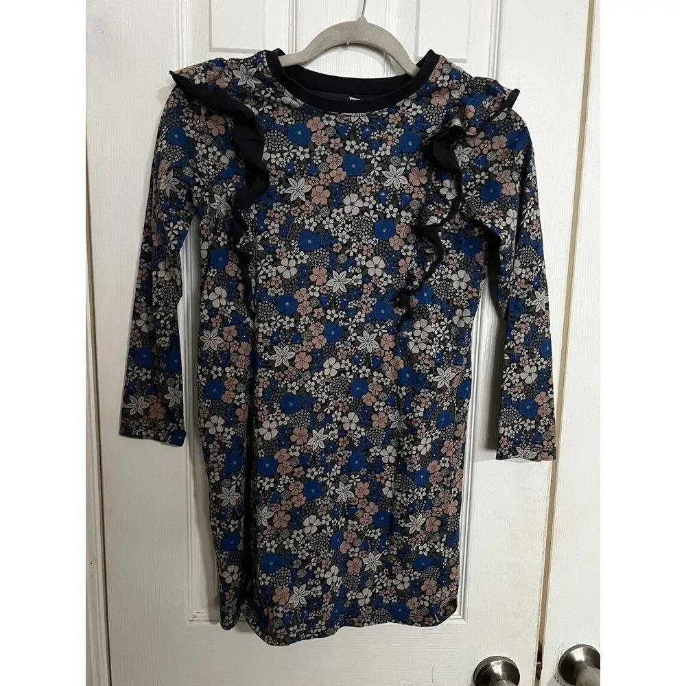TEA COLLECTION Ruffled Shoulder Flower Patch Dress - Indigo ‎ Girls 10